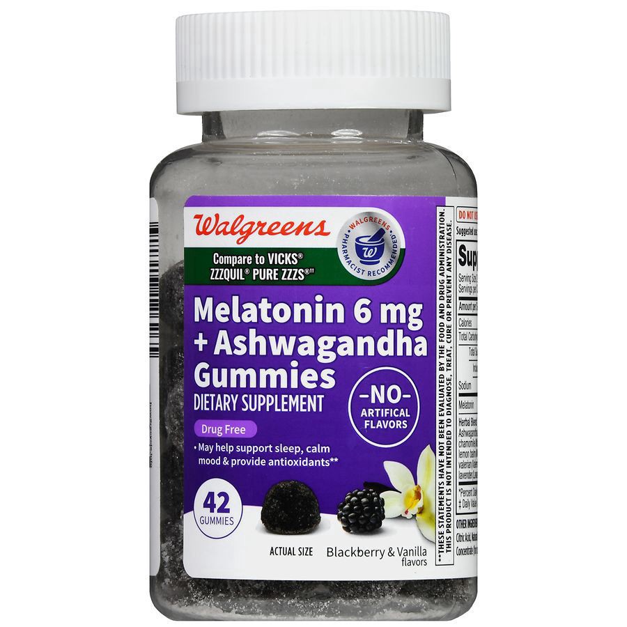 slide 5 of 5, Walgreens Melatonin + Ashwagandha Gummies Blackberry & Vanilla, 42 ct