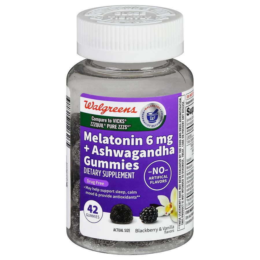 slide 1 of 5, Walgreens Melatonin + Ashwagandha Gummies Blackberry & Vanilla, 42 ct