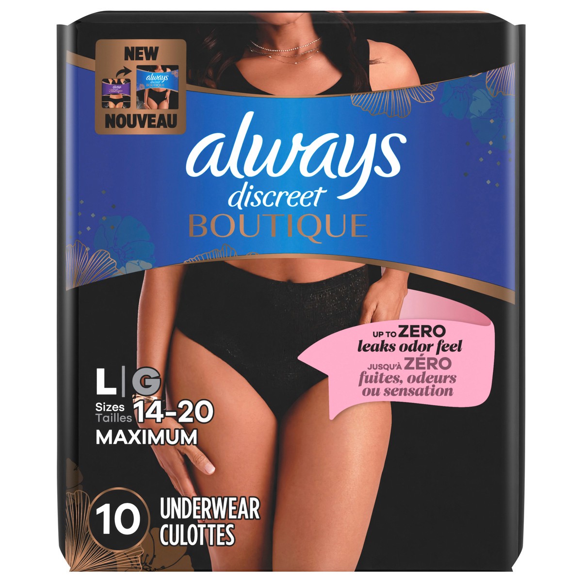 slide 1 of 4, Always Discreet Boutique Incontinence and Postpartum Underwear for Women, Maximum Protection, L, Black, 10 Count, 10 ct