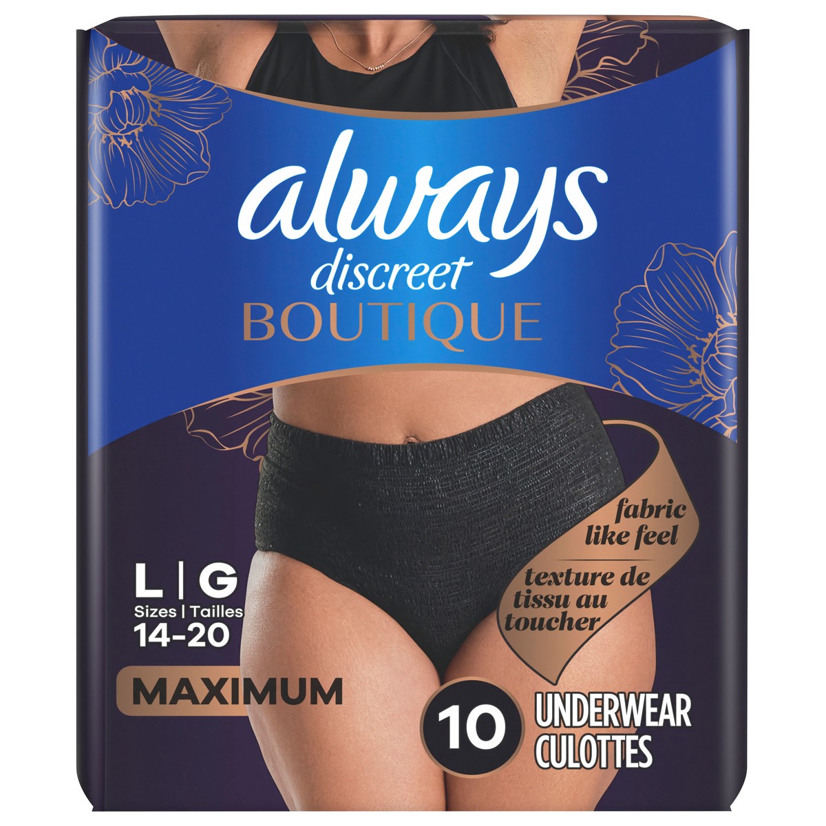 slide 1 of 4, Always Discreet Boutique Incontinence and Postpartum Underwear for Women, Maximum Protection, L, Black, 10 Count, 10 ct