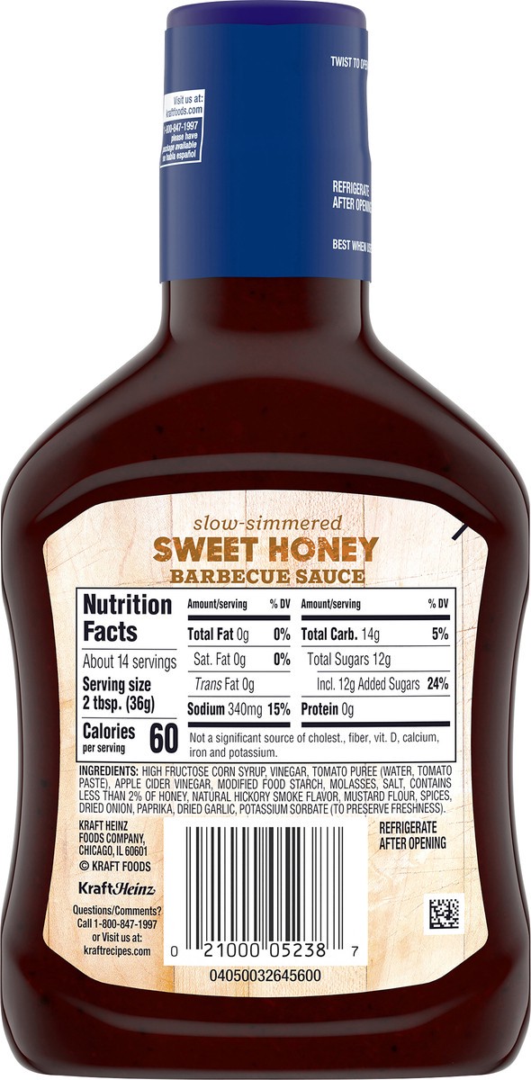 slide 5 of 9, Kraft Sweet Honey Slow-Simmered Barbecue BBQ Sauce, 18 oz Bottle, 18 oz