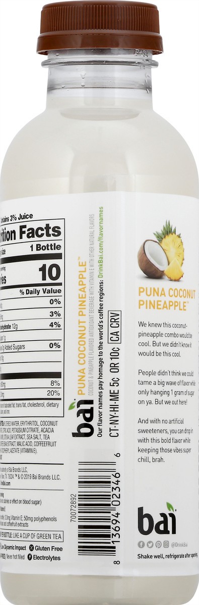 slide 5 of 13, Bai Coconut Flavored Water, Puna Coconut Pineapple, Antioxidant Infused Drink, 18 Fluid Ounce Bottle, 18 fl oz