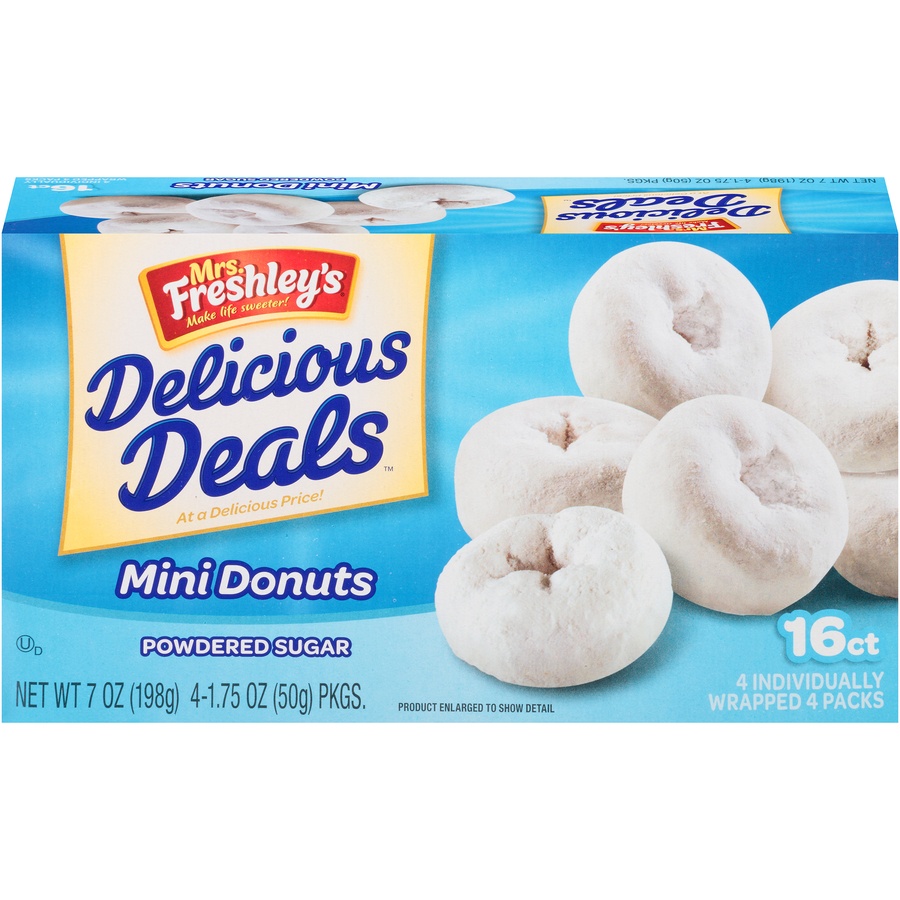 slide 1 of 1, Mrs. Freshley's Delicious Deals Powder Sugar Donuts, 7 oz