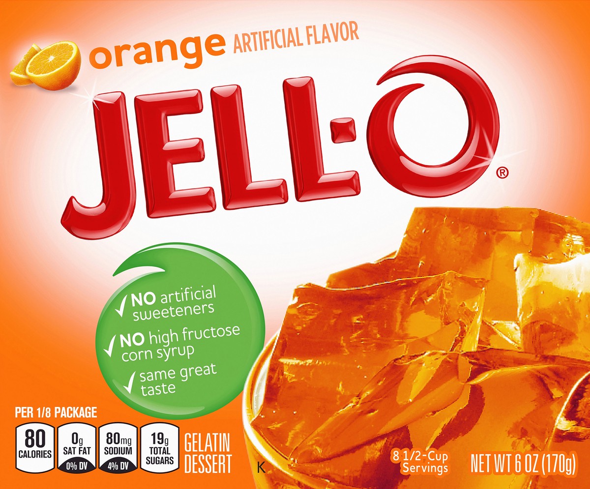 slide 1 of 5, Jell-O Orange Artificially Flavored Gelatin Dessert Mix, Family Size, 6 oz Box, 6 oz
