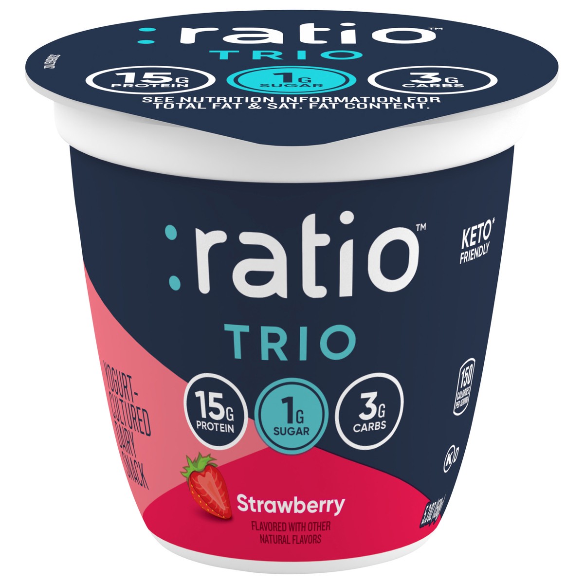 slide 1 of 9, :ratio Trio Yogurt Cultured Dairy Snack, Strawberry, 1g Sugar, Keto Yogurt Alternative, 5.3 oz, 5.3 oz