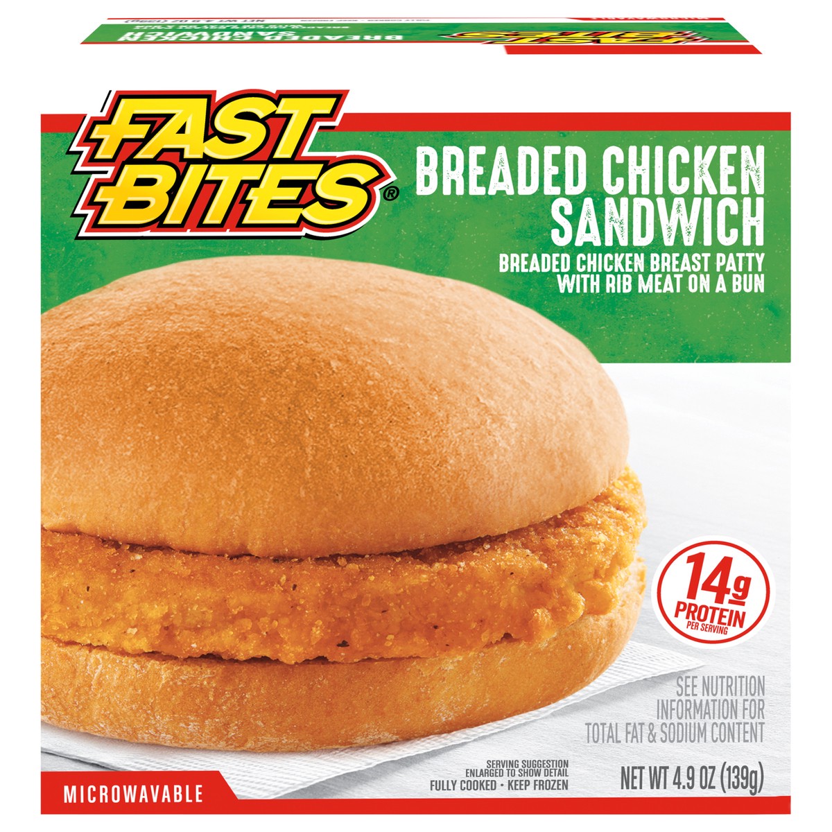 slide 1 of 9, Fast Bites Breaded Chicken Sandwich, 4.9 oz (Frozen), 138.91 g