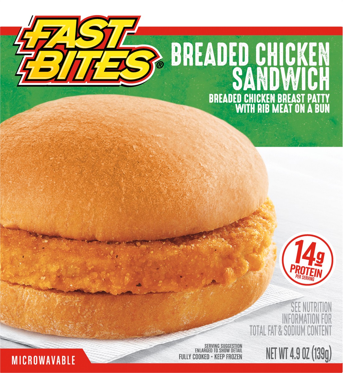 slide 6 of 9, Fast Bites Breaded Chicken Sandwich, 4.9 oz (Frozen), 138.91 g