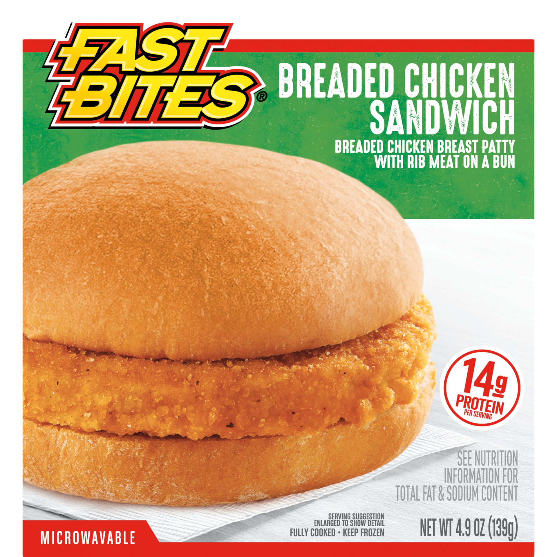 slide 1 of 9, Fast Bites Breaded Chicken Sandwich, 4.9 oz (Frozen), 138.91 g