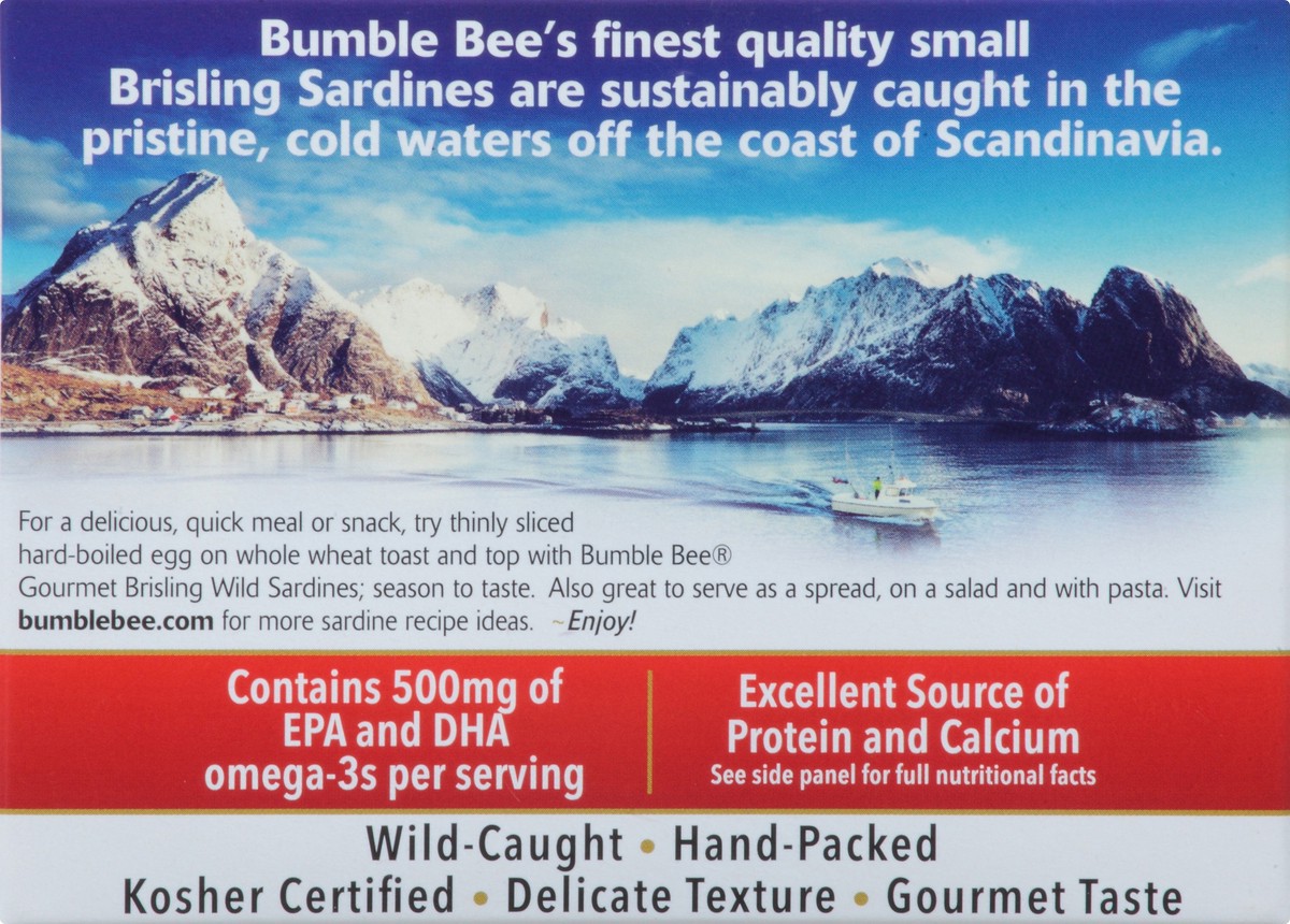 slide 9 of 11, Bumble Bee Gourmet Brisling Wild Sardines in Water 3.75 oz. Box, 3.75 oz