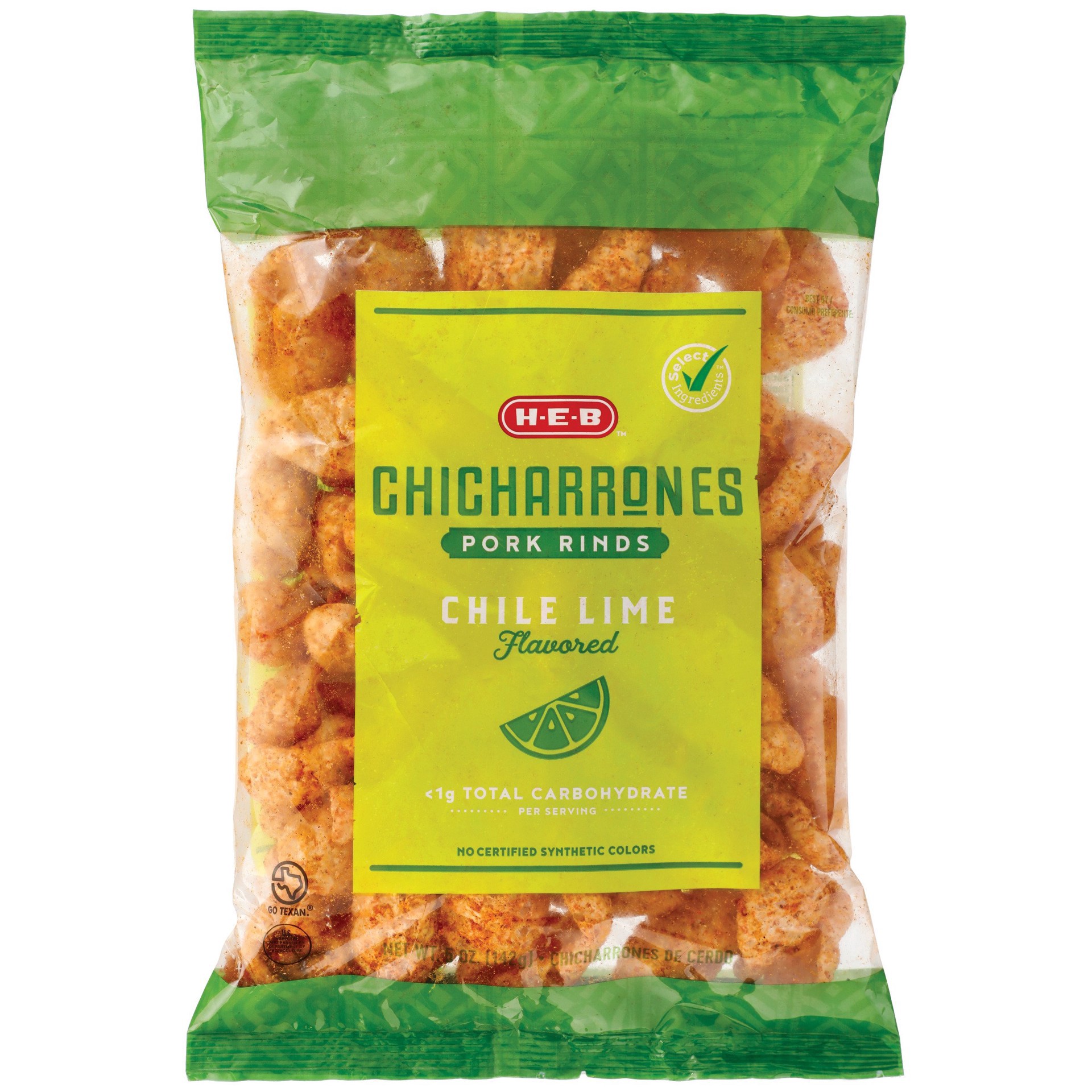 slide 1 of 1, H-E-B Chicharrones Pork Rinds - Chile Lime, 5 oz