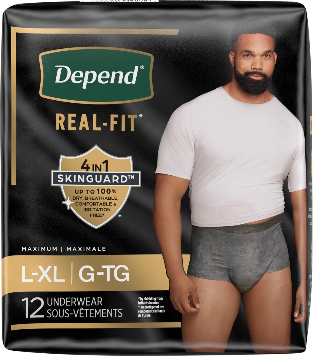 slide 11 of 12, Depend Real Fit Incontinence Underwear for Men, Disposable, Maximum Absorbency, Large/Extra Large, Grey, 12 Count, 12 ct