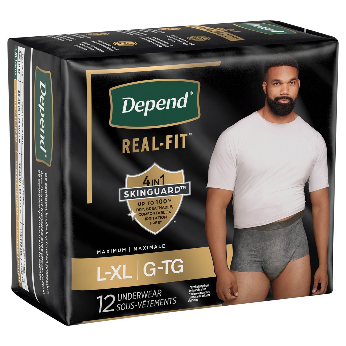 slide 5 of 12, Depend Real Fit Incontinence Underwear for Men, Disposable, Maximum Absorbency, Large/Extra Large, Grey, 12 Count, 12 ct