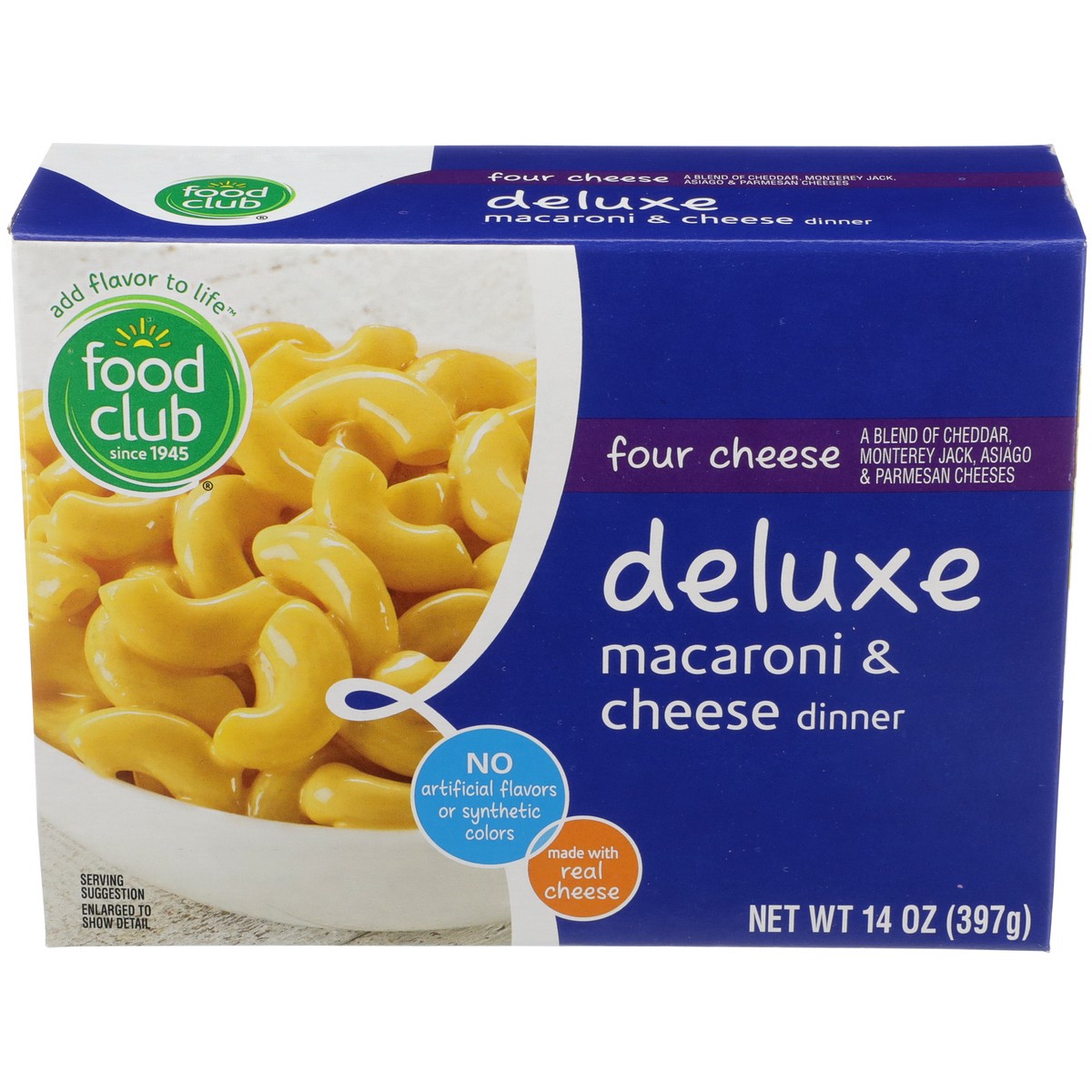 slide 1 of 9, Food Club Four Cheese Deluxe Macaroni & Cheese Dinner, 14 oz