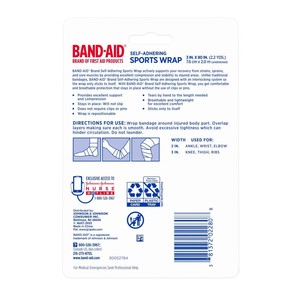 slide 2 of 2, BAND-AID Band Aid Brand First Aid Products Self-Adhering Compression Sports Wrap, 3 Inches x 2.2 Yards, 1 ct