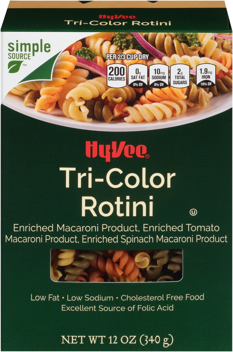 slide 1 of 1, Hy-vee Enriched Macaroni Product, Enriched Tomato Macaroni Product, Enriched Spinach Macaroni Product, Tri-color Rotini, 12 oz