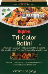 Hy-vee Enriched Macaroni Product, Enriched Tomato Macaroni Product, Enriched Spinach Macaroni Product, Tri-color Rotini