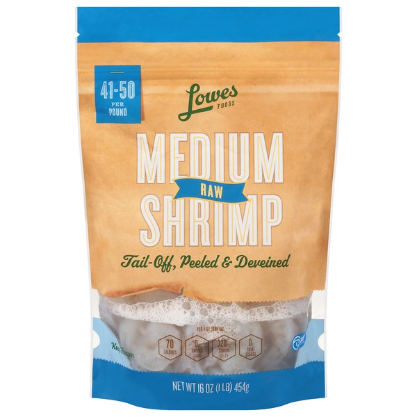 slide 1 of 1, Lowes Foods 41/50 Raw Tail-Off Peeled & Deveined Medium Shrimp, 16 oz