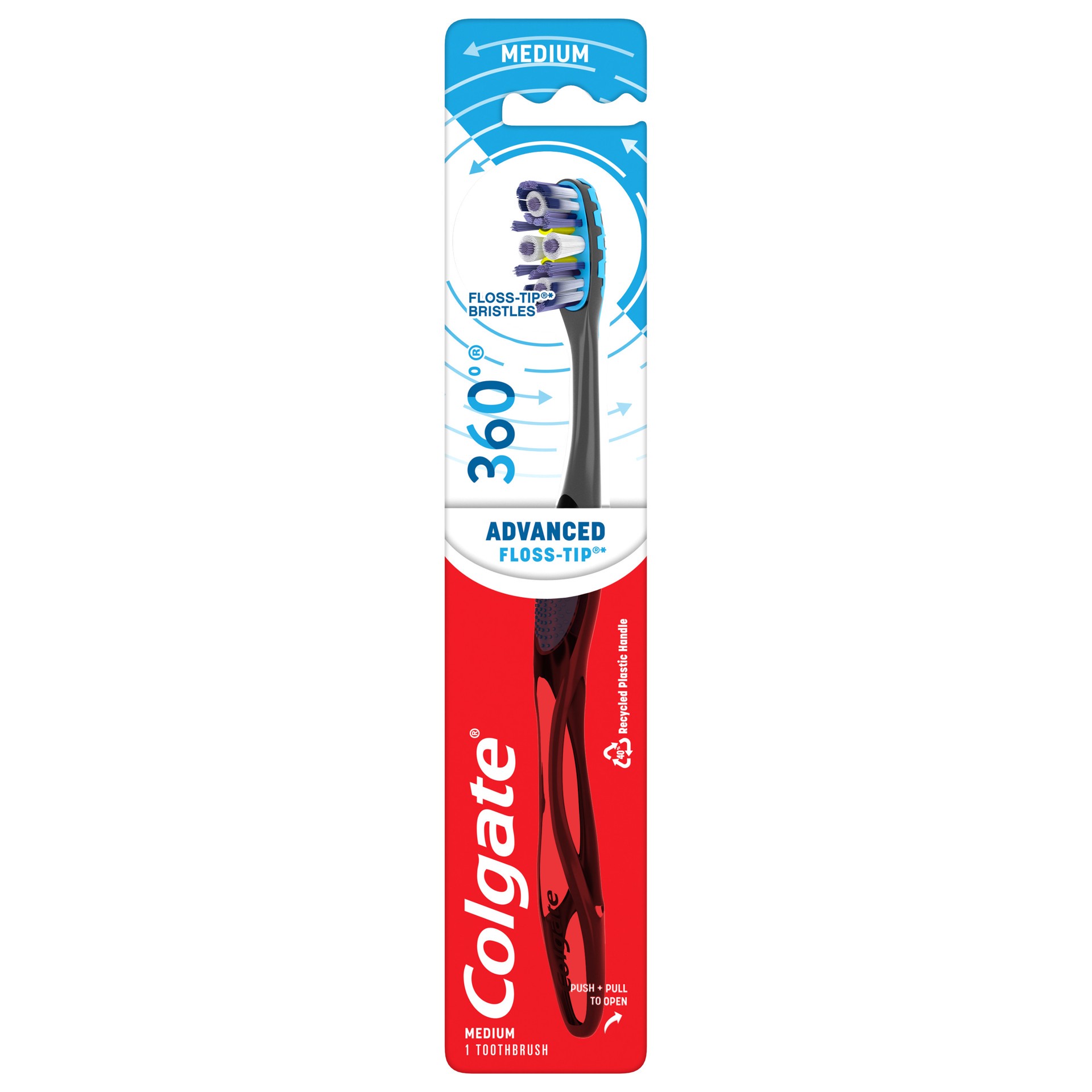 slide 1 of 7, Colgate 360° Advanced Floss-Tip Bristles Toothbrush, Medium, 1 ct