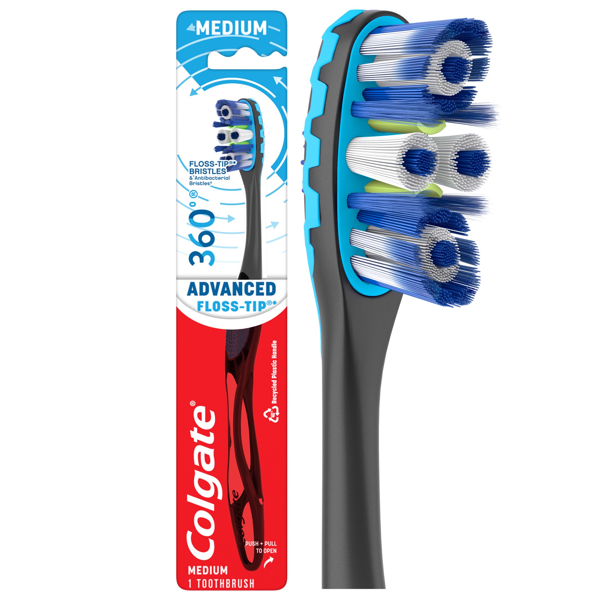slide 1 of 7, Colgate 360° Advanced Floss-Tip Bristles Toothbrush, Medium, 1 ct