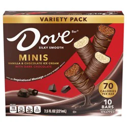 DOVE Ice Cream Vanilla & Chocolate Mini Dark Chocolate Individually Wrapped Ice Cream Bars Assortment, 10 Pack, 0.75 Oz Bars