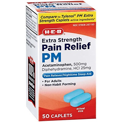 slide 1 of 1, H-E-B Pain Relief PM Extra Strength Acetaminophen Caplets, 50 ct