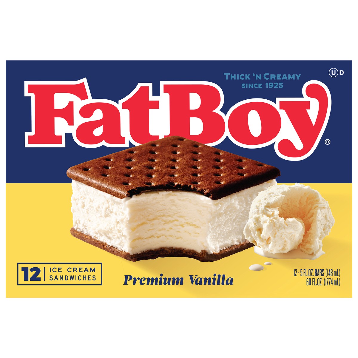 slide 1 of 7, Fat Boy Premium Vanilla Ice Cream Sandwiches 12 Ea, 12 ct