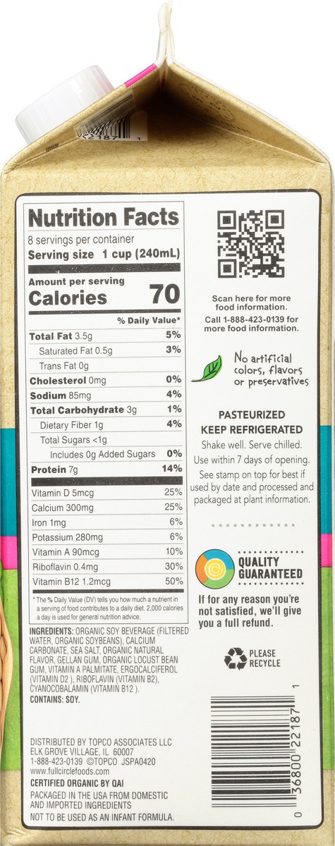 slide 12 of 15, Full Circle Market Organic Original Non-Dairy Unsweetened Soy Beverage 0.5 gl, 1/2 gal