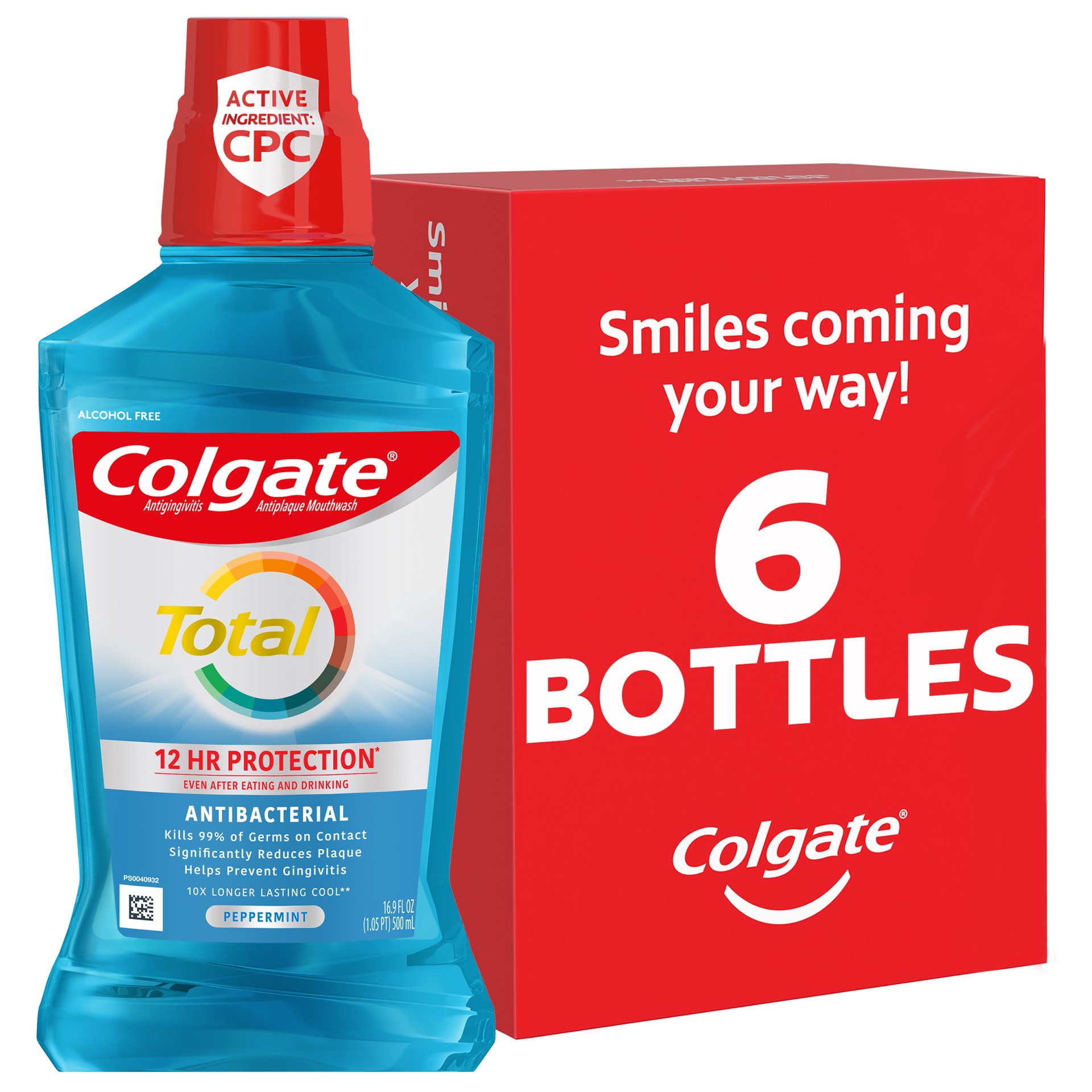 slide 1 of 8, Colgate Total Pro-Shield Alcohol Free Mouthwash, Antibacterial Formula, Peppermint - 500 mL, 16.9 fl.oz. (6 Pack), 16.9 fl oz