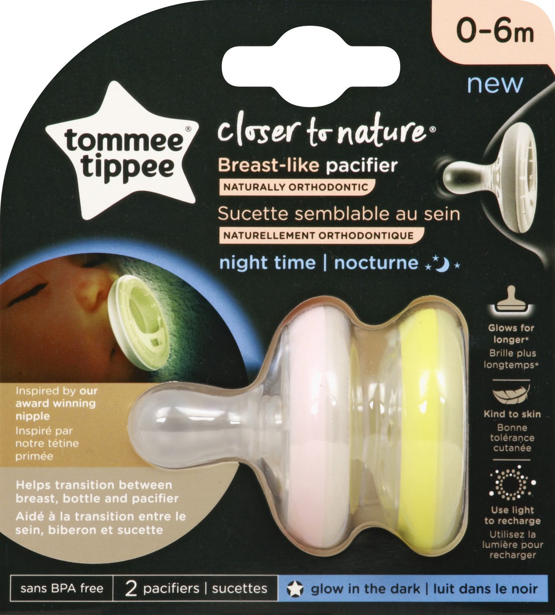 slide 1 of 11, Tommee Tippee Breast Like Pacifier Night Time 0-6m Assorted, 2 ct