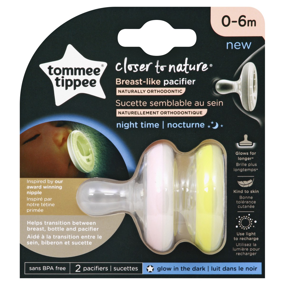 slide 6 of 11, Tommee Tippee Breast Like Pacifier Night Time 0-6m Assorted, 2 ct