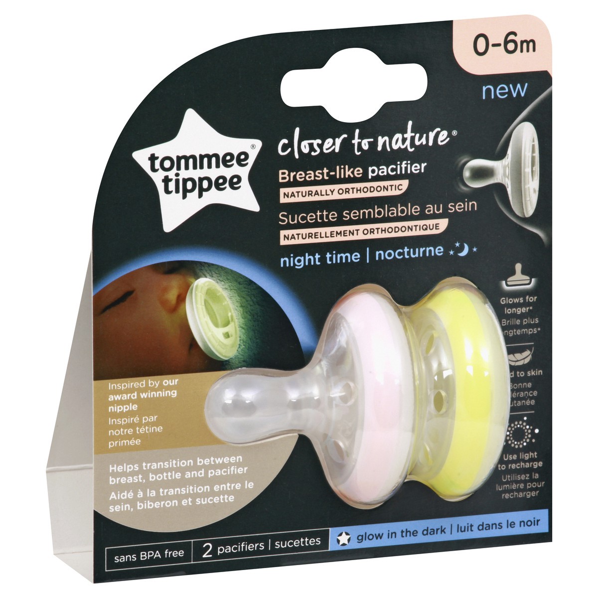 slide 11 of 11, Tommee Tippee Breast Like Pacifier Night Time 0-6m Assorted, 2 ct