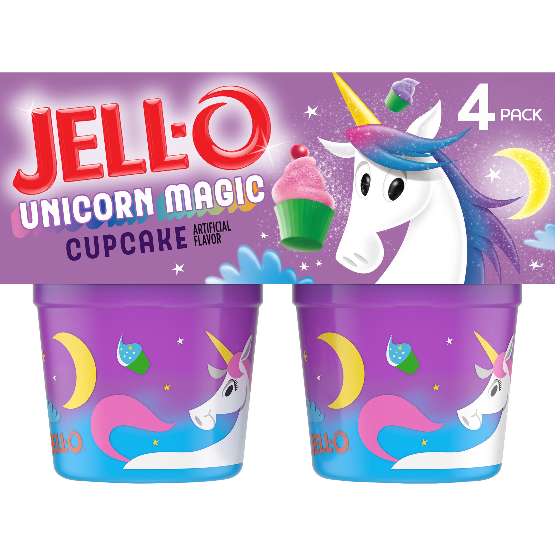 slide 1 of 9, Jell-O Unicorn Magic Cupcake Ready-to-Eat Pudding Cups Snack, 4 ct Cups, 4 ct