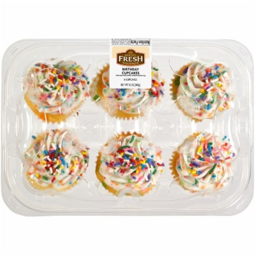 slide 1 of 1, Bakery Fresh Goodness Birthday Iced White Cupcakes, 6 ct