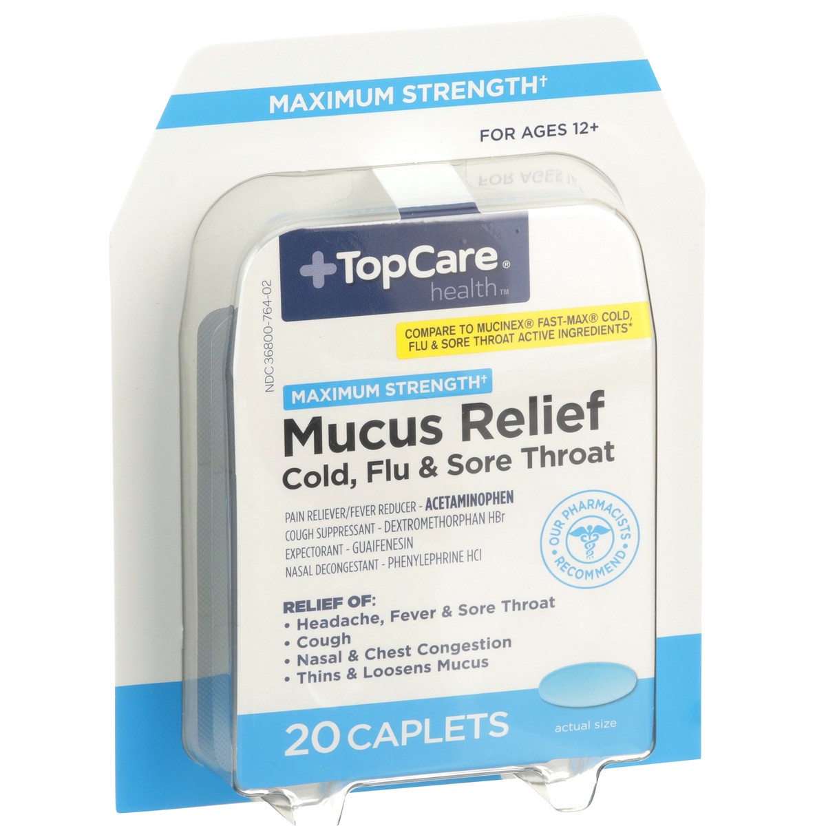 slide 2 of 8, TopCare Maximum Strength Mucus Relief Cold, Flu & Sore Throat Pain Reliever - Fever Reducer / Acetaminophen, 20 ct