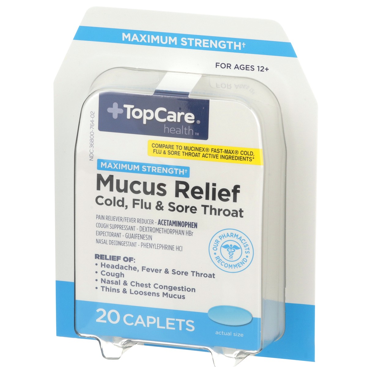 slide 3 of 8, TopCare Maximum Strength Mucus Relief Cold, Flu & Sore Throat Pain Reliever - Fever Reducer / Acetaminophen, 20 ct