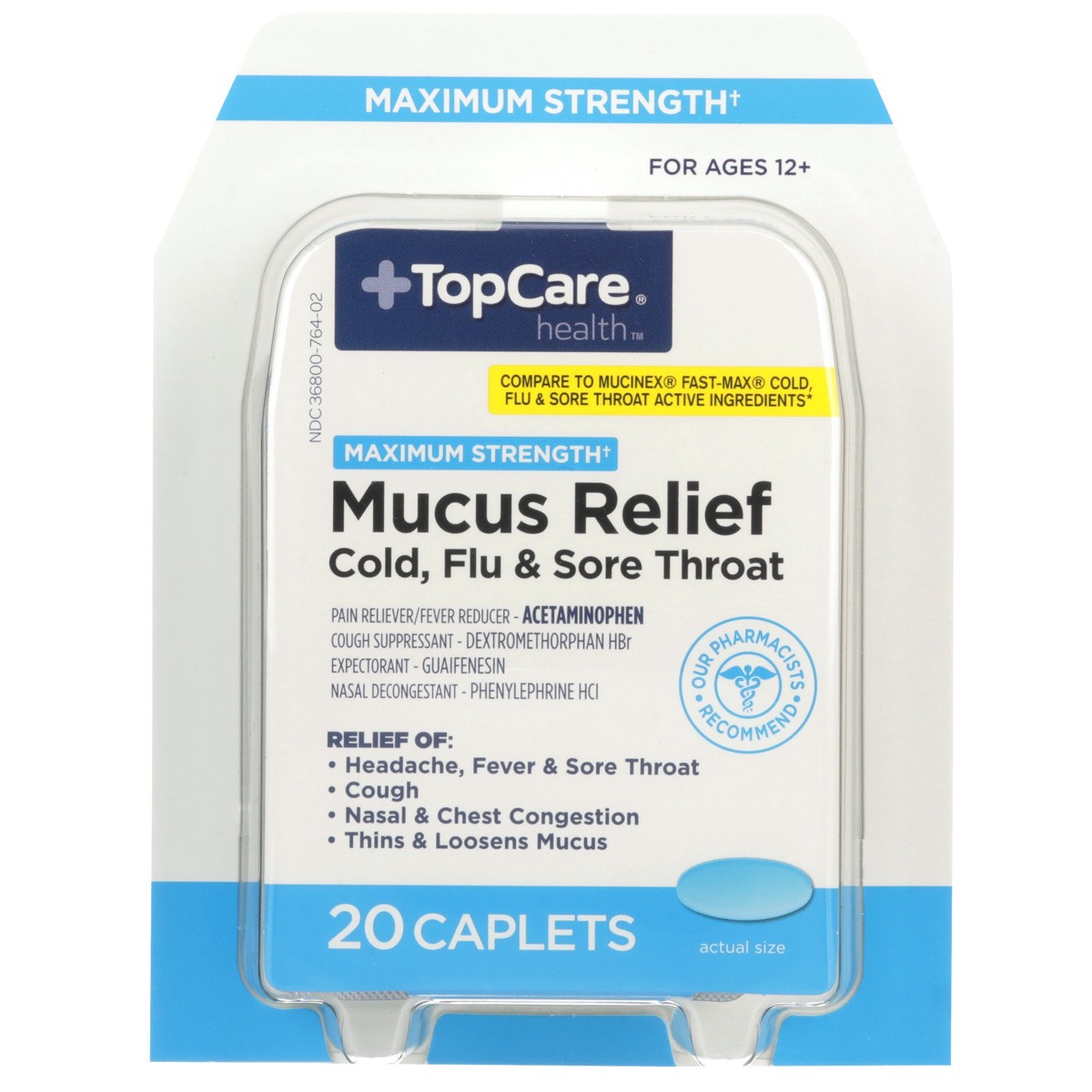 slide 7 of 8, TopCare Maximum Strength Mucus Relief Cold, Flu & Sore Throat Pain Reliever - Fever Reducer / Acetaminophen, 20 ct