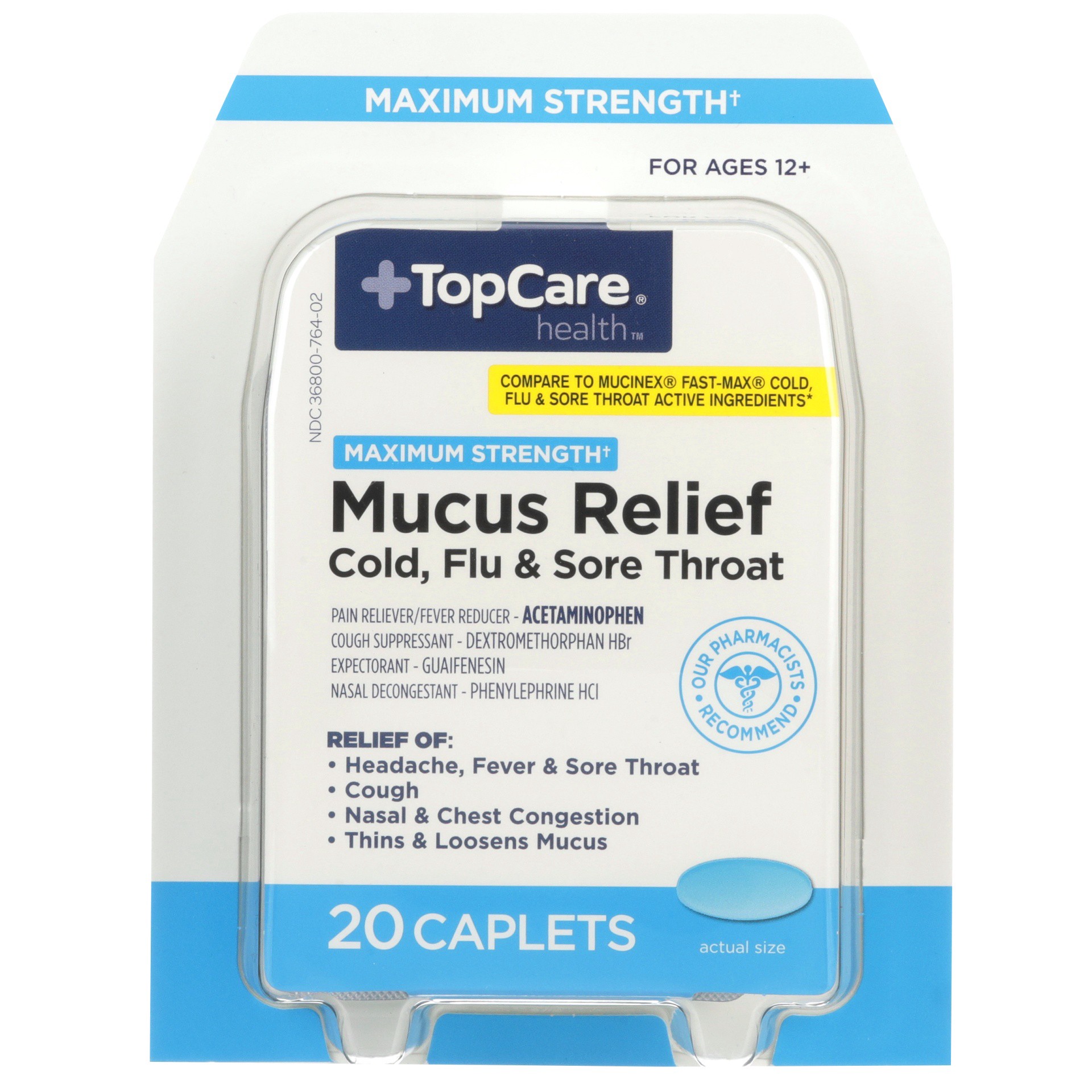 slide 1 of 8, TopCare Maximum Strength Mucus Relief Cold, Flu & Sore Throat Pain Reliever - Fever Reducer / Acetaminophen, 20 ct