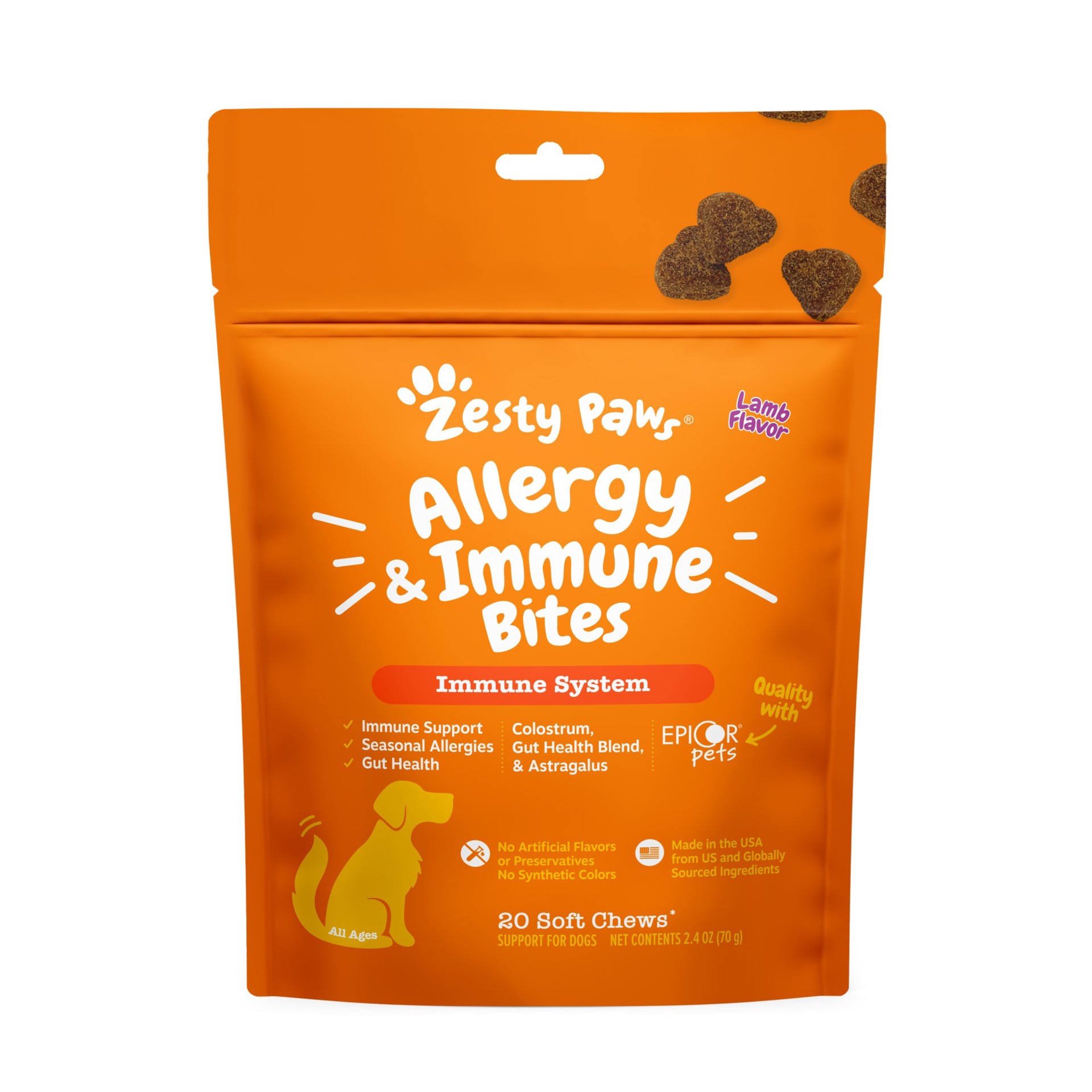 slide 1 of 1, Zesty Paws Lamb Allergy & Immune Bites for Dogs, 2.4 oz., Count of 20, 2.4 oz;20 ct