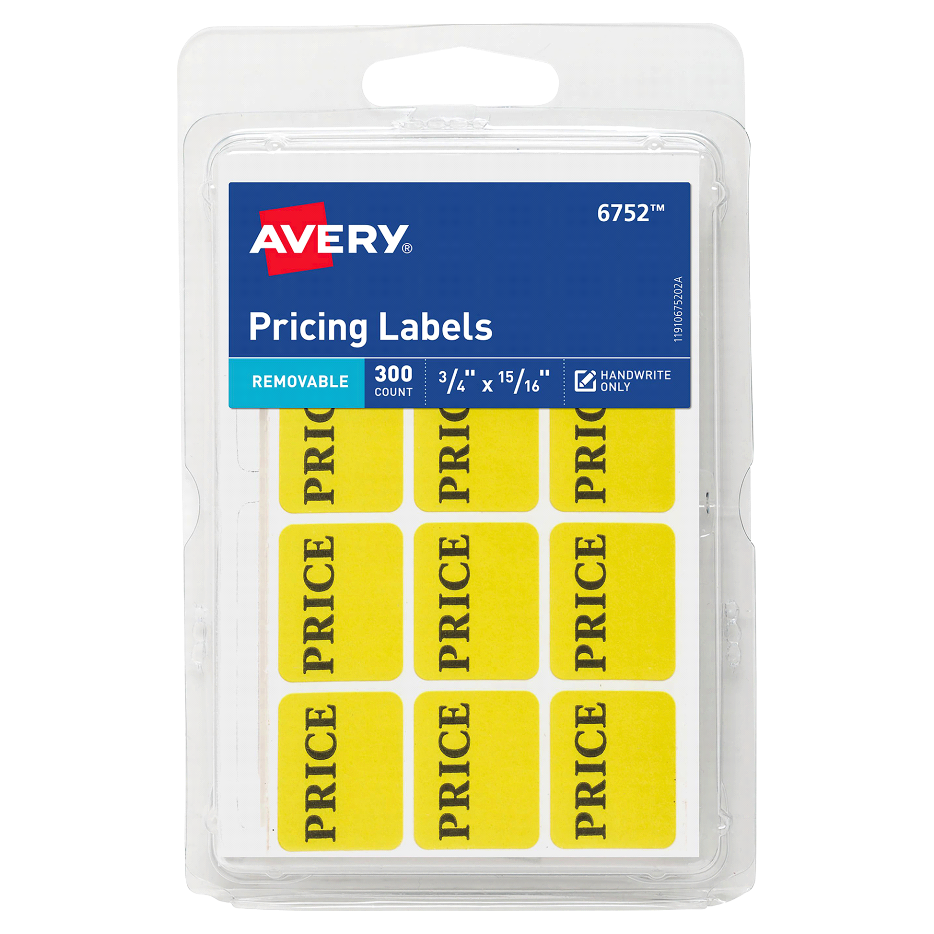 slide 1 of 1, Avery(R) Preprinted Pricing Labels, Removable Adhesive, Handwrite Only, 3/4 x 15/16, Neon Yellow, Pack of 300 (6752), 300 ct