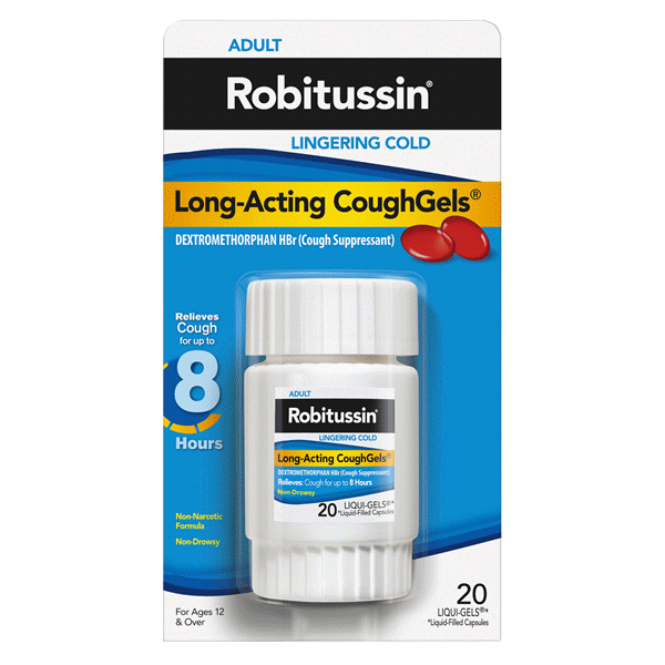 slide 1 of 1, Robitussin Adult Long-Acting Coughgels, 8-Hour Non-Drowsy Cough Suppressant, Liqui-Gels Capsules, 20 ct