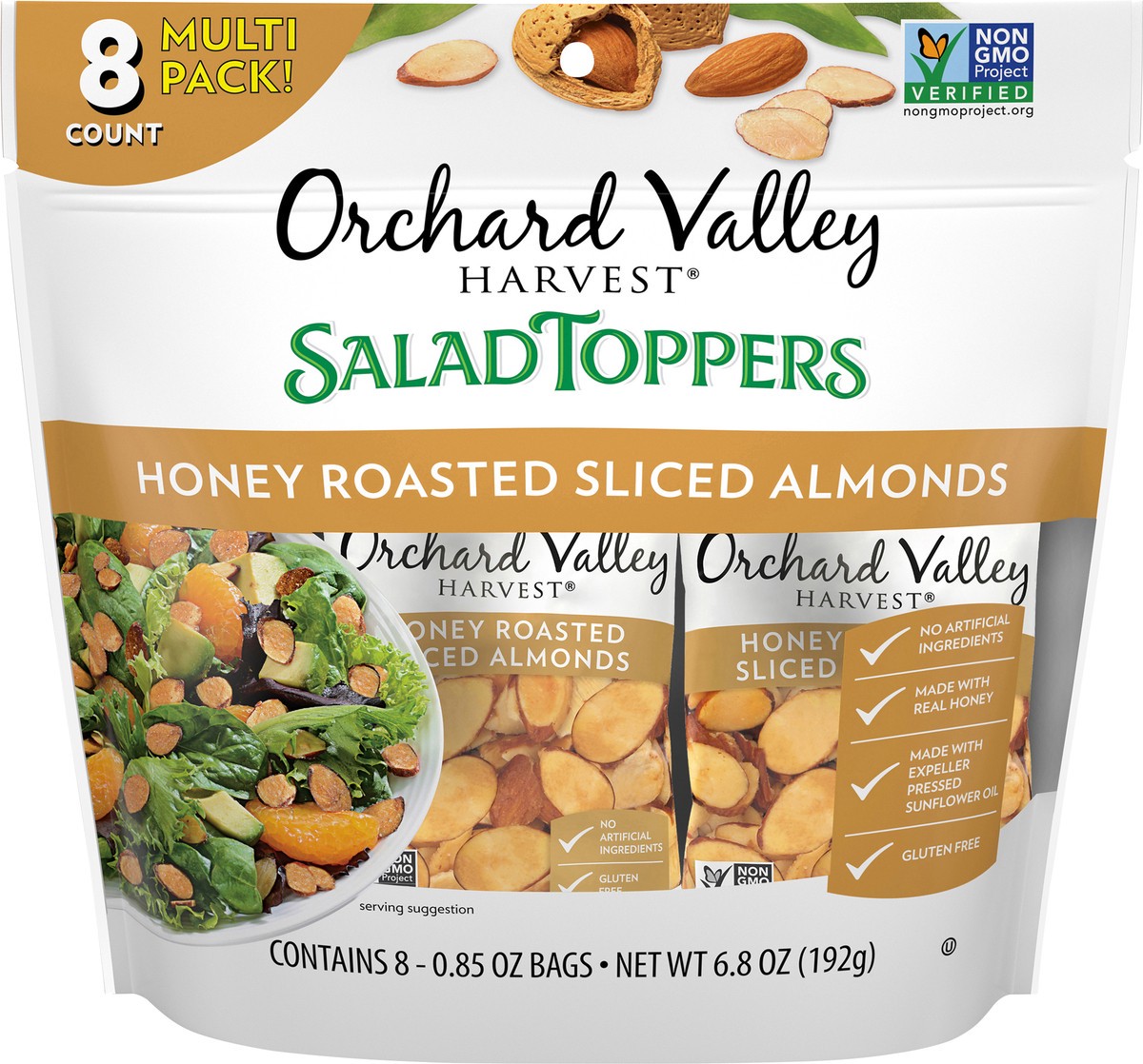 slide 14 of 14, Orchard Valley Harvest Salad Toppers Honey Roasted Sliced Almonds 8-0.85 oz. Bags, 6.8 oz