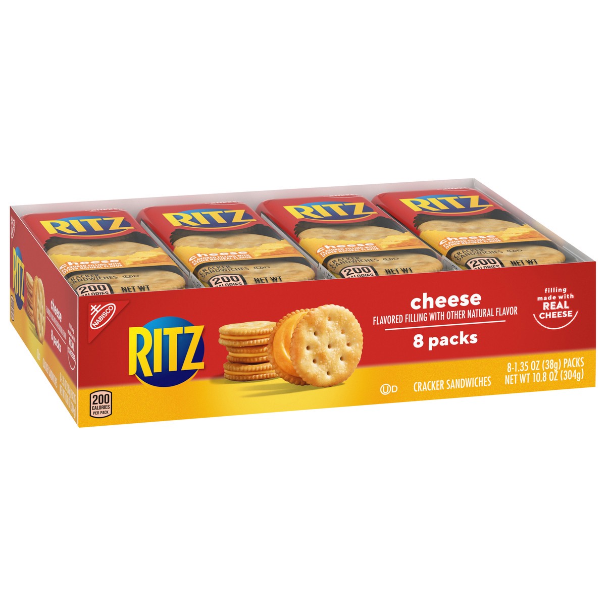 slide 2 of 9, RITZ Cheese Sandwich Crackers, 8 Snack Packs (6 Crackers Per Pack), 10.8 oz