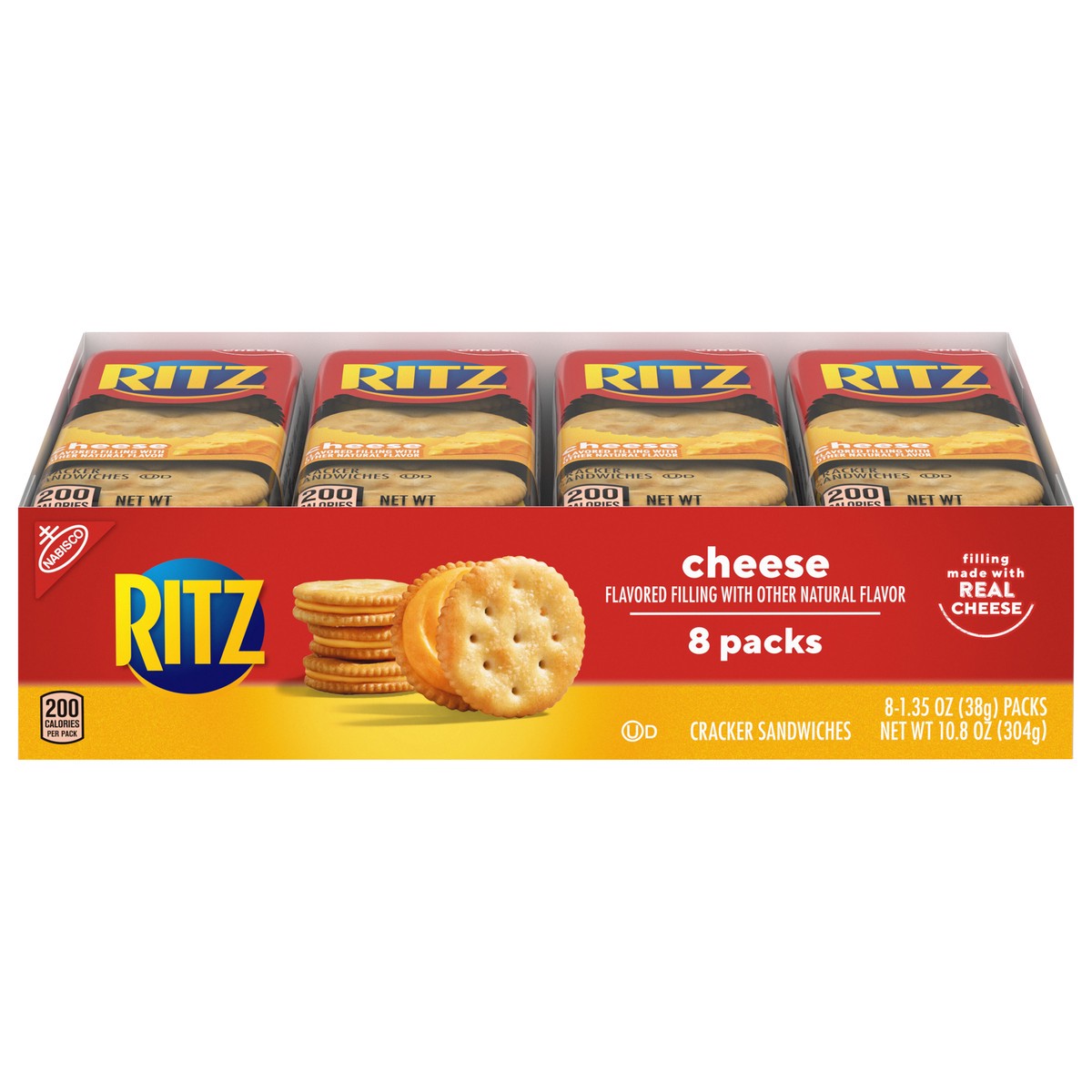 slide 1 of 9, RITZ Cheese Sandwich Crackers, 8 Snack Packs (6 Crackers Per Pack), 10.8 oz