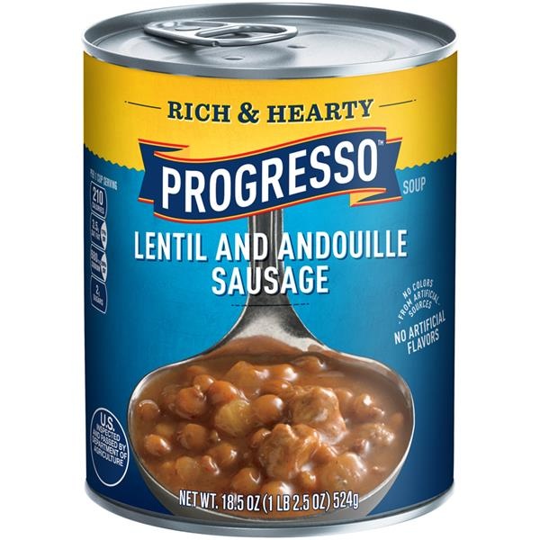 slide 1 of 1, Progresso Rich & Hearty Lentil And Andouille Sausage Soup, 18.5 oz