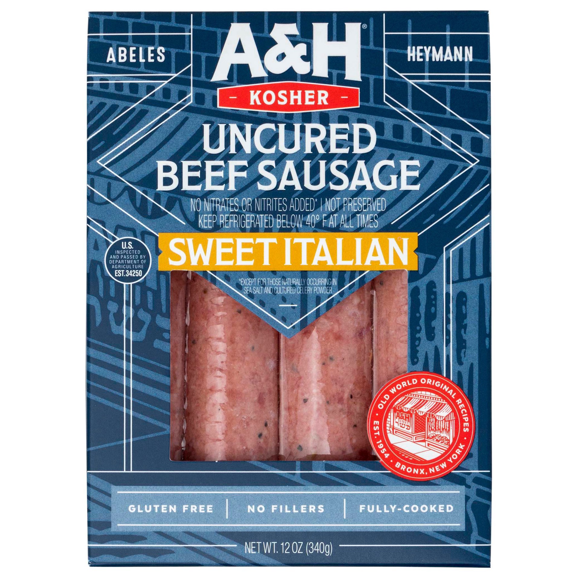 slide 1 of 1, A & H Kosher Uncured Sweet Italian Beef Sausa, 12 oz