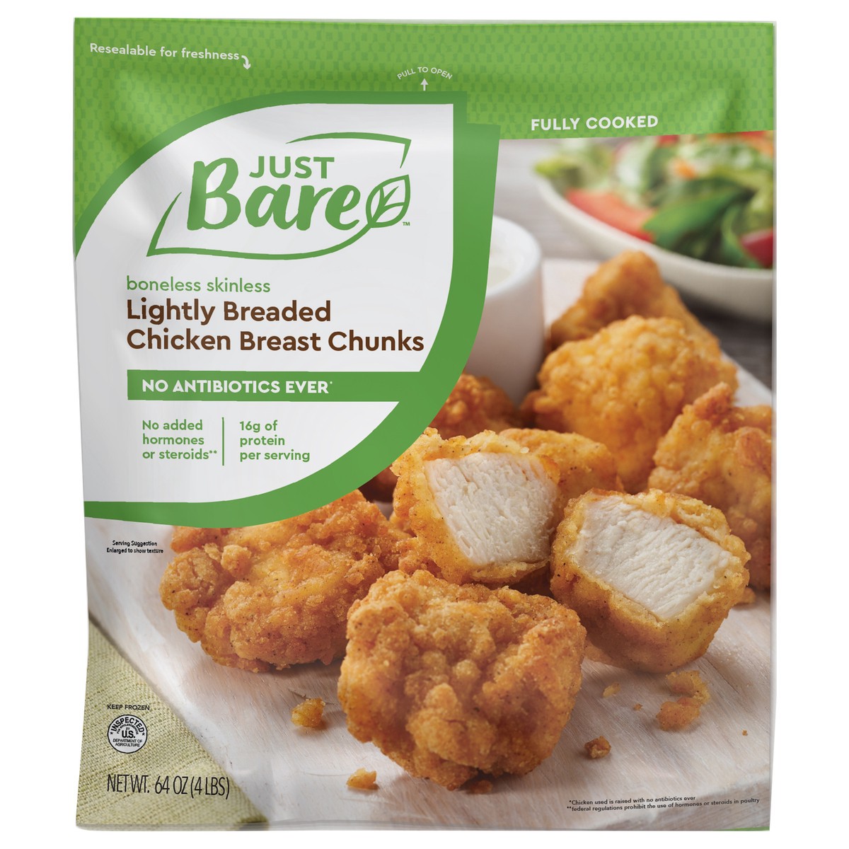 slide 1 of 7, Just BARE Lightly Breaded Chicken Breast Chunks, 4 lb