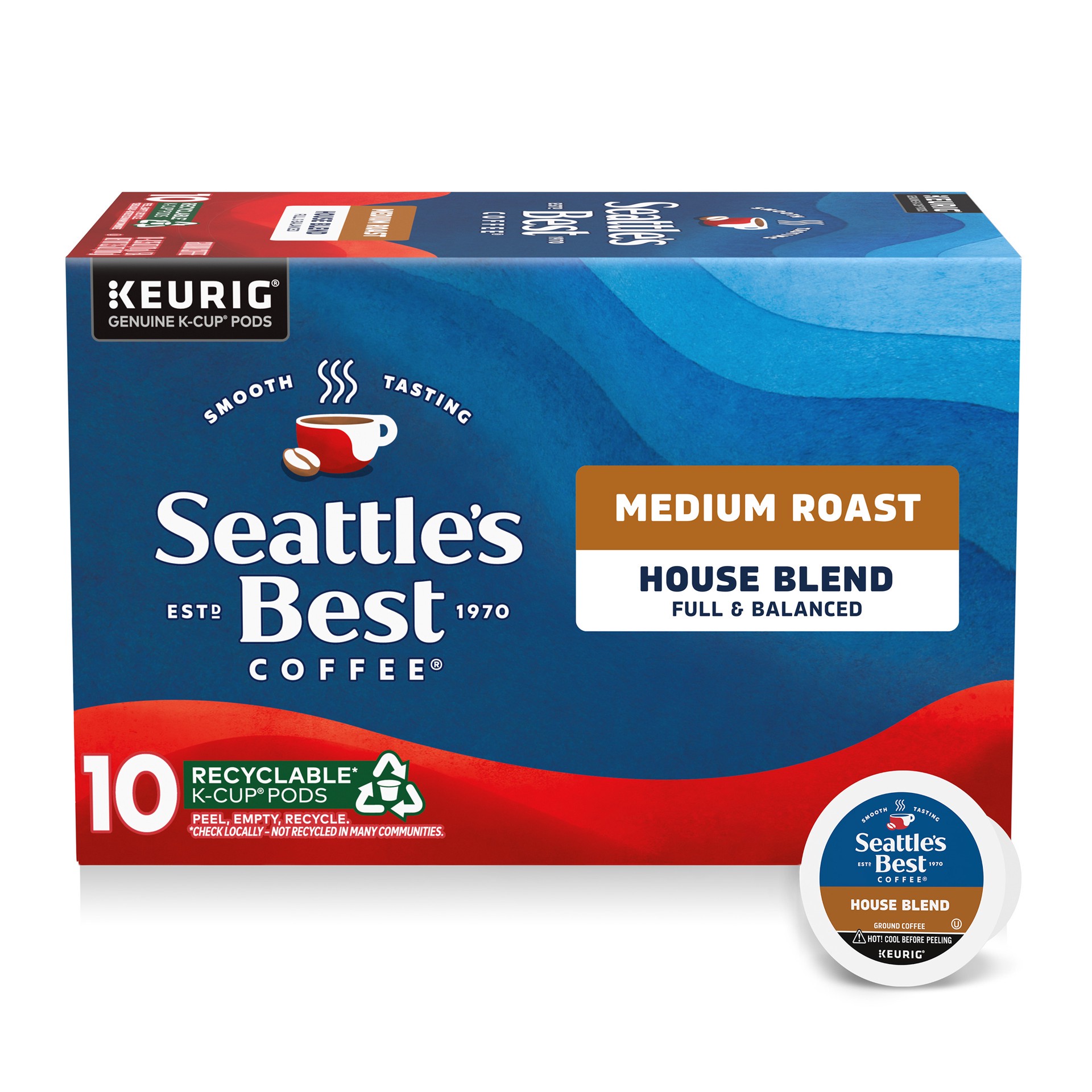 slide 1 of 9, Seattle's Best Coffee Seattle''s Best Coffee, Medium Roast K-Cup Coffee Pods, House Blend, 100% Arabica, 1 Box (10 Pods), 10 ct
