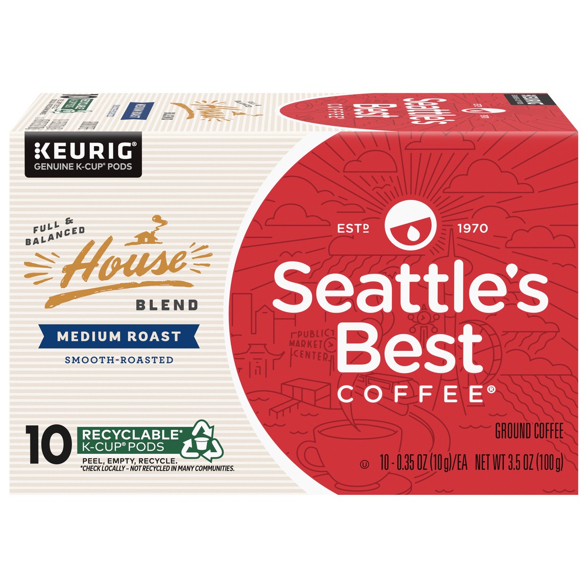 slide 1 of 9, Seattle's Best Coffee K-Cup Pods Medium Roast Ground House Blend Coffee 10 - 0.35 Pods, 10 ct