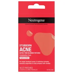 Neutrogena Stubborn Acne Blemish Patches Combination Pack, Ultra-Thin Hydrocolloid Acne Patch Absorbs Fluids & Removes Impurities To Help Pimples Look Smaller, 2 Sizes, 16 Patches