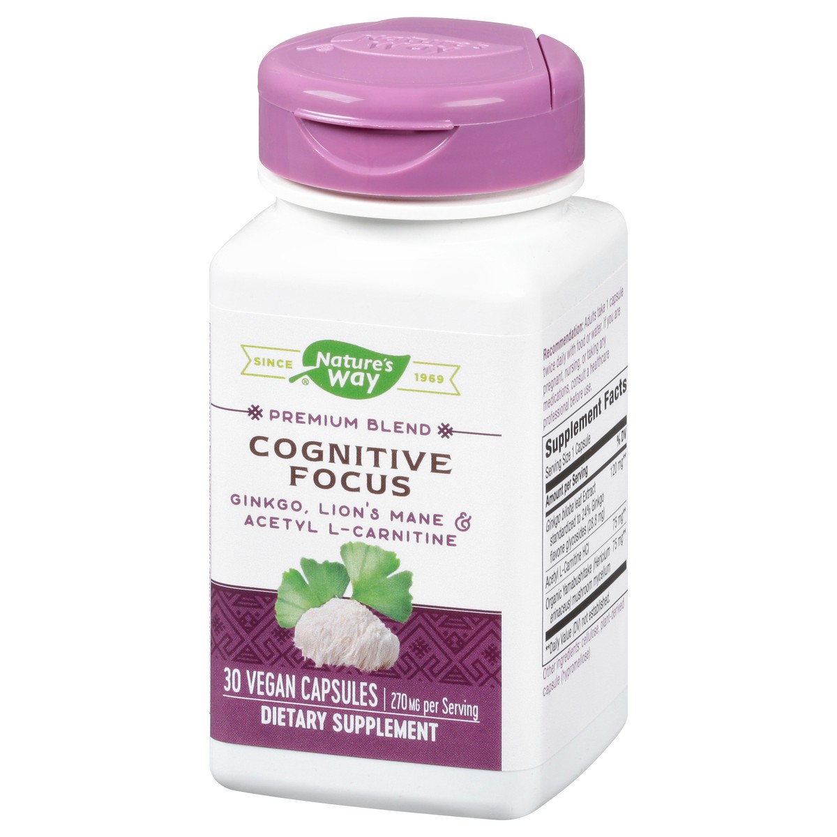 slide 3 of 9, Nature's Way Cognitive Focus, with Gingko, Lion's Mane & Acetyl L-Carnitine, 270 mg per Serving, 30 Capsules, 30 ct